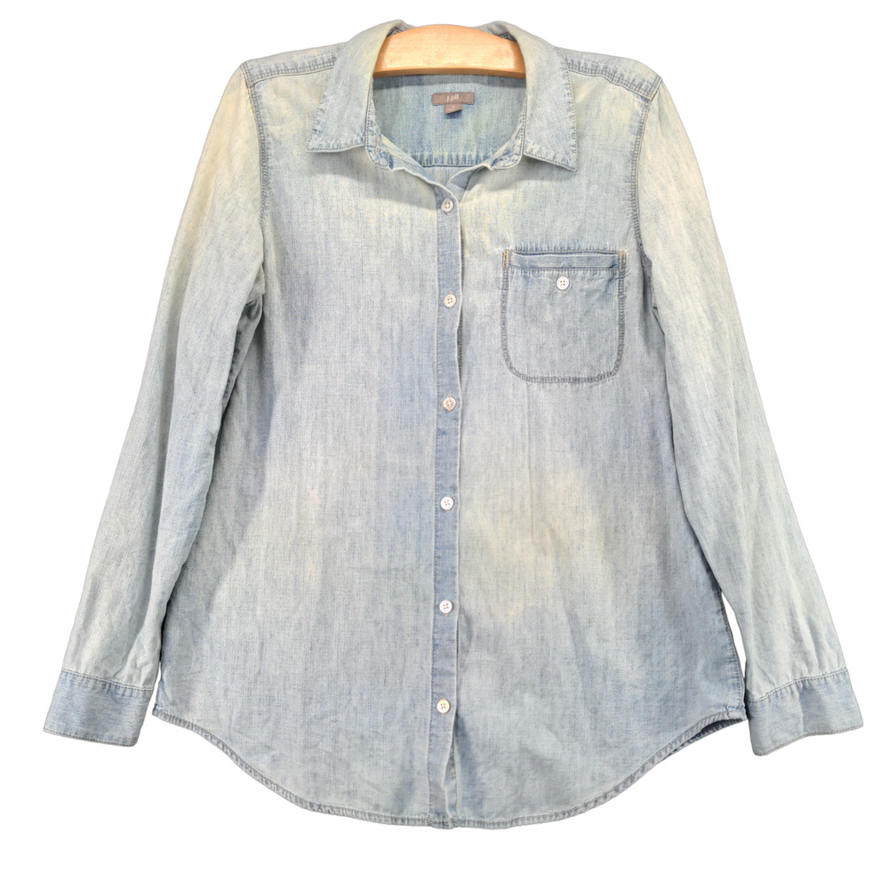 J. Jill Women's Denim Button Up Shirt Blue Small Long Sleeve Chest Pocket Cotton